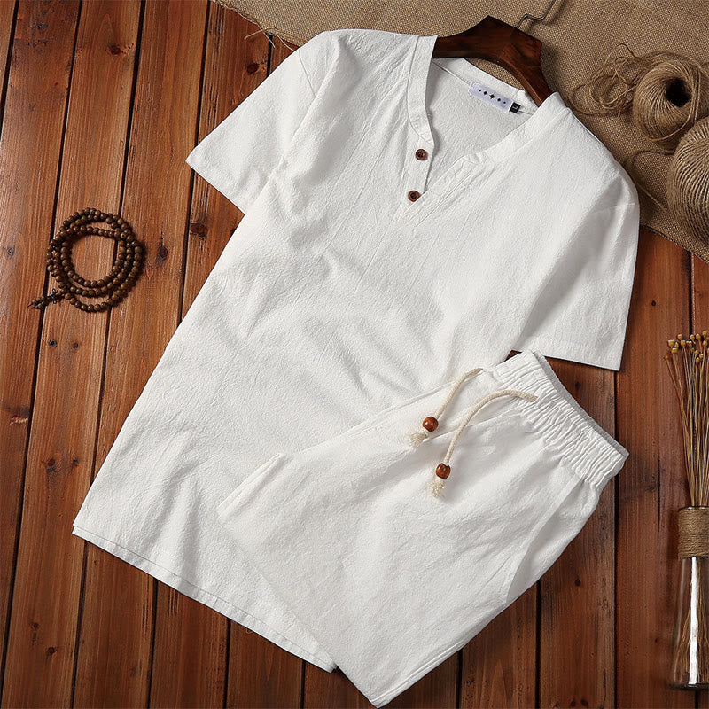 Foviel 2Pcs Plain Notched Collar Short Sleeve T-Shirt Shorts With Pockets Cotton Linen Men's Meditation Cloth Set