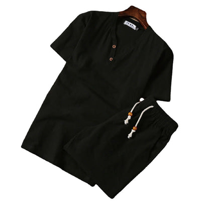Foviel 2Pcs Plain Notched Collar Short Sleeve T-Shirt Shorts With Pockets Cotton Linen Men's Meditation Cloth Set