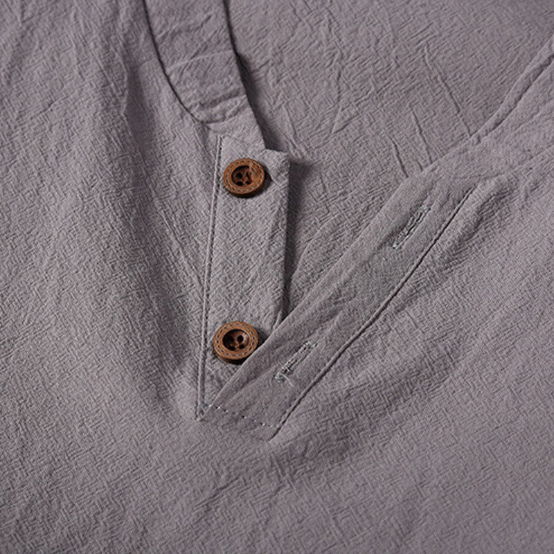 Foviel 2Pcs Plain Notched Collar Short Sleeve T-Shirt Shorts With Pockets Cotton Linen Men's Meditation Cloth Set
