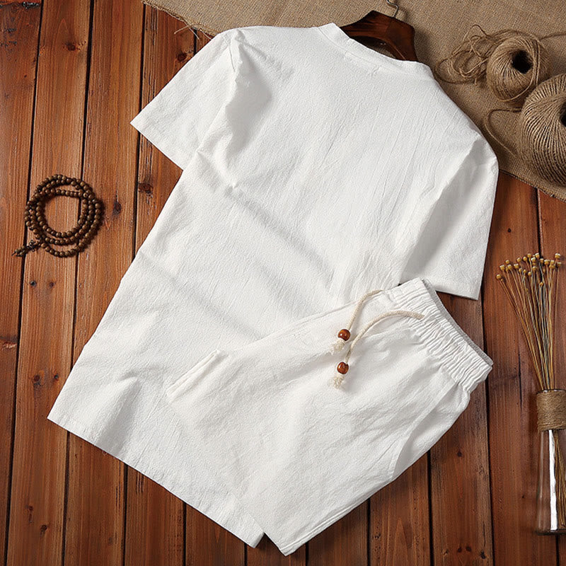 Foviel 2Pcs Plain Notched Collar Short Sleeve T-Shirt Shorts With Pockets Cotton Linen Men's Meditation Cloth Set