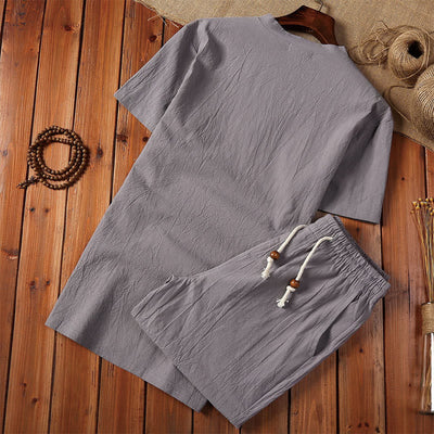 Foviel 2Pcs Plain Notched Collar Short Sleeve T-Shirt Shorts With Pockets Cotton Linen Men's Meditation Cloth Set