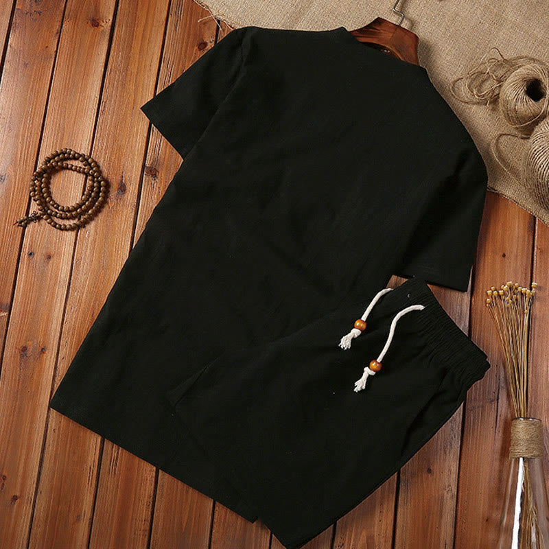 Foviel 2Pcs Plain Notched Collar Short Sleeve T-Shirt Shorts With Pockets Cotton Linen Men's Meditation Cloth Set