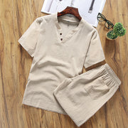 Foviel Casual 2Pcs Plain Sleeve T-Shirt Shorts With Pockets Men's Meditation Cloth Set