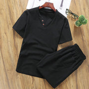 Foviel Casual 2Pcs Plain Sleeve T-Shirt Shorts With Pockets Men's Meditation Cloth Set