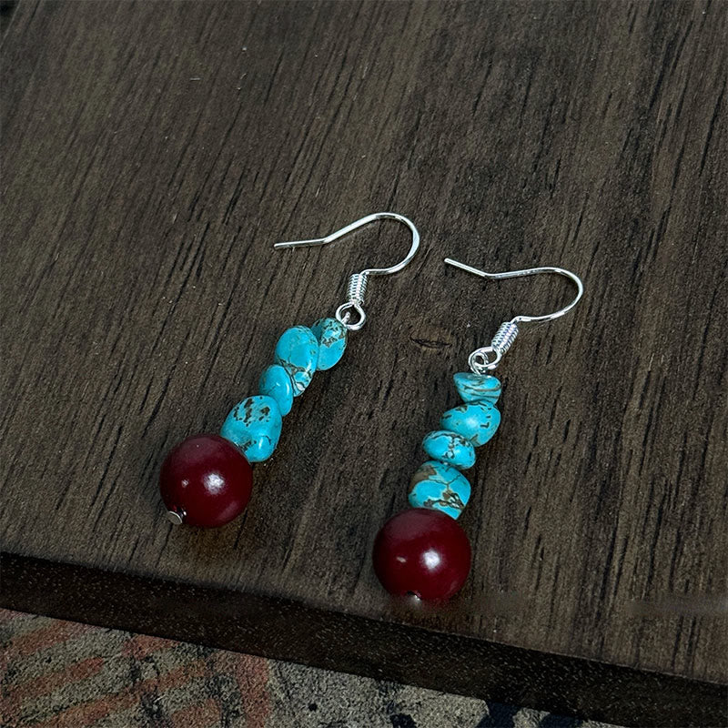 Boucles d'oreilles de protection Foviel tibétaines en argent sterling 925, perles de turquoise et de cinabre
