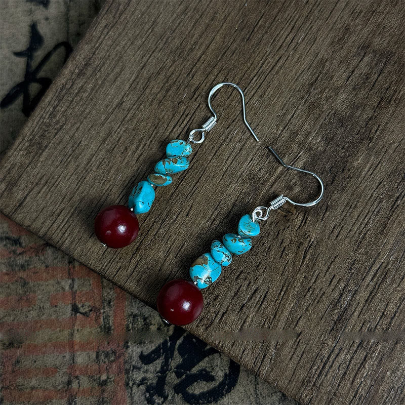 Boucles d'oreilles de protection Foviel tibétaines en argent sterling 925, perles de turquoise et de cinabre