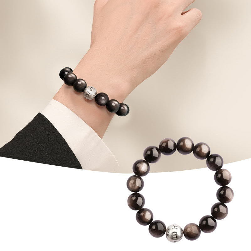 Foviel Natürliches Silber Sheen Obsidian Om Mani Padme Hum Schutz Armband