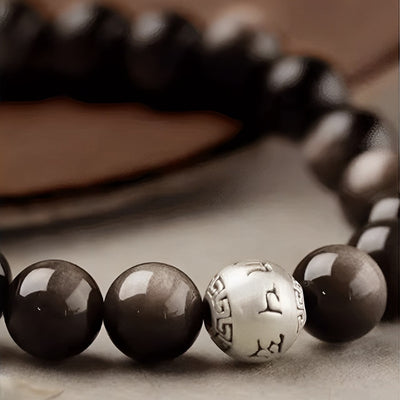 Foviel Natürliches Silber Sheen Obsidian Om Mani Padme Hum Schutz Armband