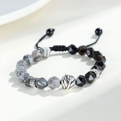 Foviel Natural Irregular Cut Obsidian Grey Jasper 925 Sterling Silver Rolled Leaf Bead Protection Bracelet