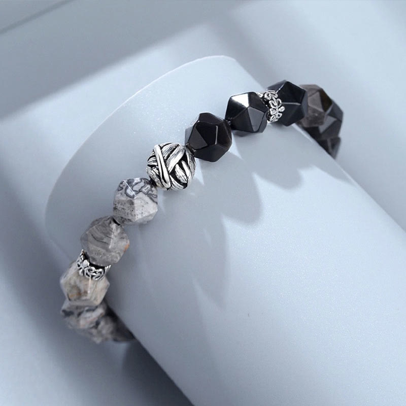 Foviel Natürlich Irregulärer Schliff Obsidian Grau Jasper 925 Sterling Silber gerollt Blatt Perlenschutz Armband