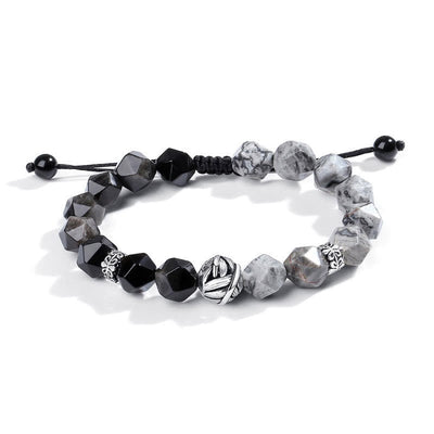 Foviel Natural Irregular Cut Obsidian Grey Jasper 925 Sterling Silver Rolled Leaf Bead Protection Bracelet