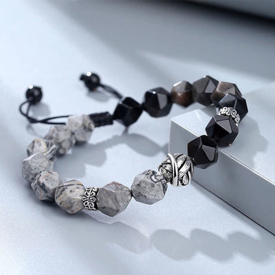 Foviel Natural Irregular Cut Obsidian Grey Jasper 925 Sterling Silver Rolled Leaf Bead Protection Bracelet