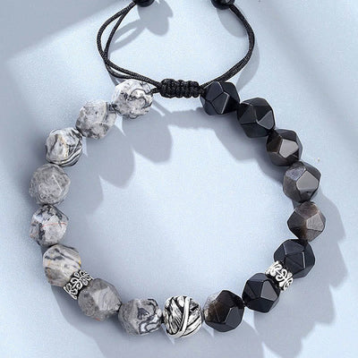 Foviel Natural Irregular Cut Obsidian Grey Jasper 925 Sterling Silver Rolled Leaf Bead Protection Bracelet