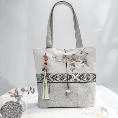 Foviel Magnolia Stickerei Leinwand Polyester Schultertasche