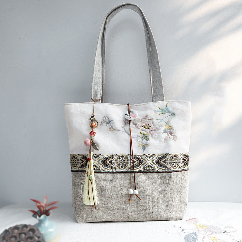 Foviel Magnolia Stickerei Leinwand Polyester Schultertasche