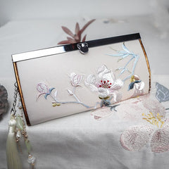 Porte-monnaie Foviel à grande capacité avec broderie double face fleur de magnolia