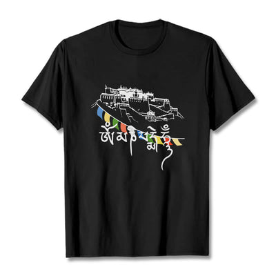 T-shirt en coton Foviel, motif Palais du Potala et mantras Om Mani Padme Hum