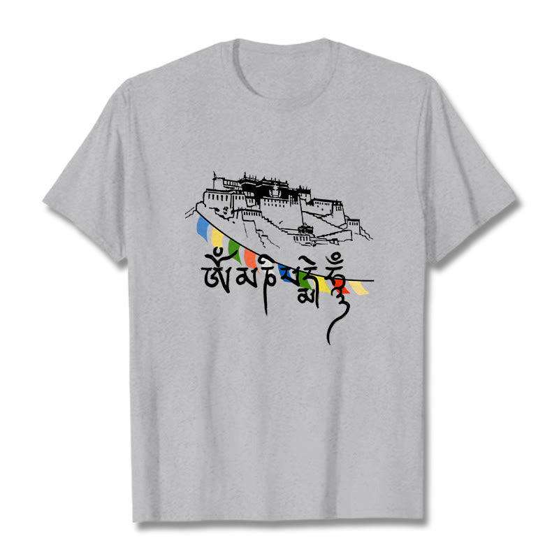 T-shirt en coton Foviel, motif Palais du Potala et mantras Om Mani Padme Hum