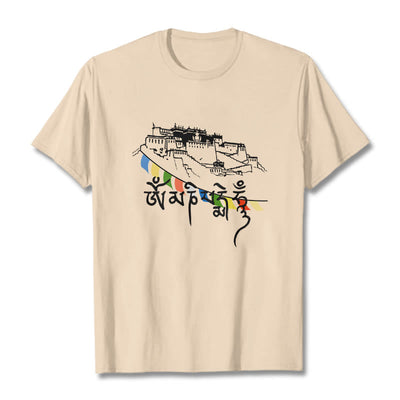 T-shirt en coton Foviel, motif Palais du Potala et mantras Om Mani Padme Hum