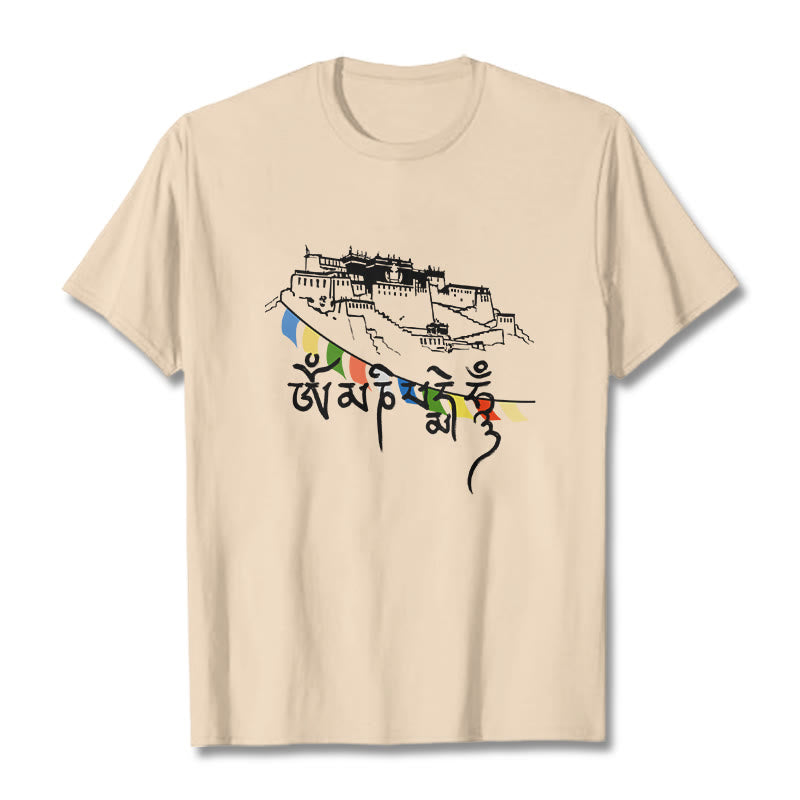 T-shirt en coton Foviel, motif Palais du Potala et mantras Om Mani Padme Hum
