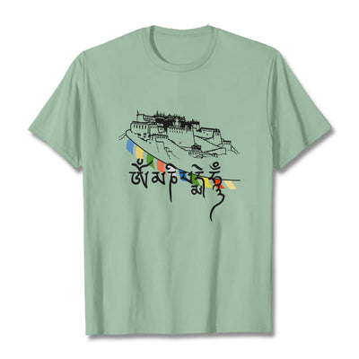 T-shirt en coton Foviel, motif Palais du Potala et mantras Om Mani Padme Hum