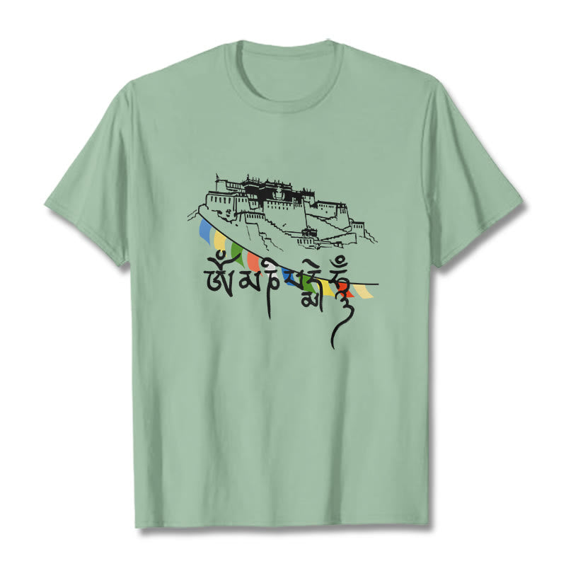 T-shirt en coton Foviel, motif Palais du Potala et mantras Om Mani Padme Hum
