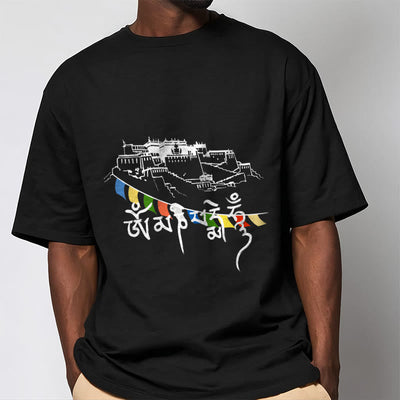 T-shirt en coton Foviel, motif Palais du Potala et mantras Om Mani Padme Hum