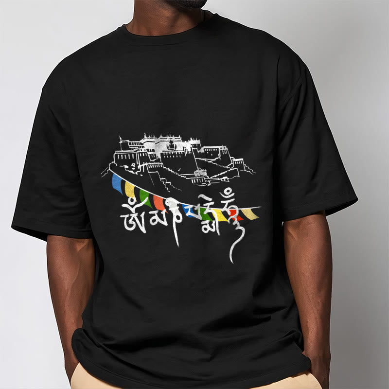 T-shirt en coton Foviel, motif Palais du Potala et mantras Om Mani Padme Hum