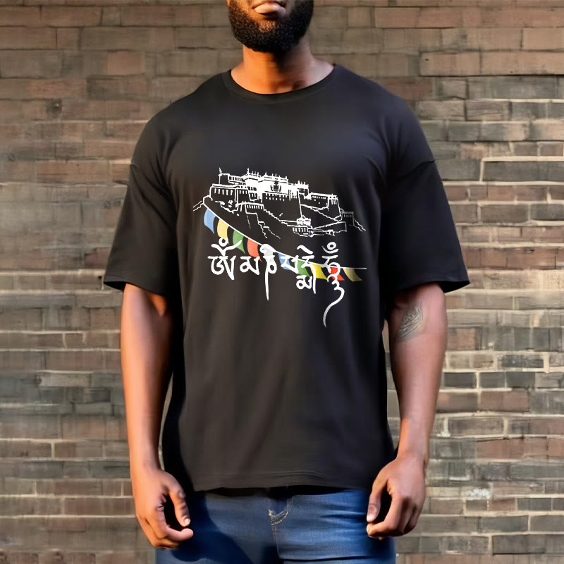 T-shirt en coton Foviel, motif Palais du Potala et mantras Om Mani Padme Hum