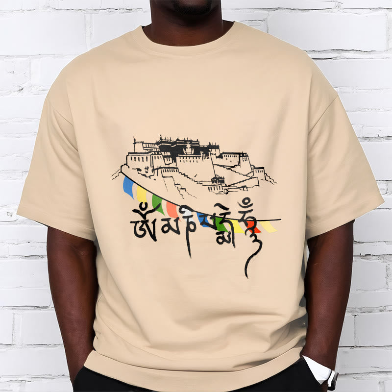 T-shirt en coton Foviel, motif Palais du Potala et mantras Om Mani Padme Hum