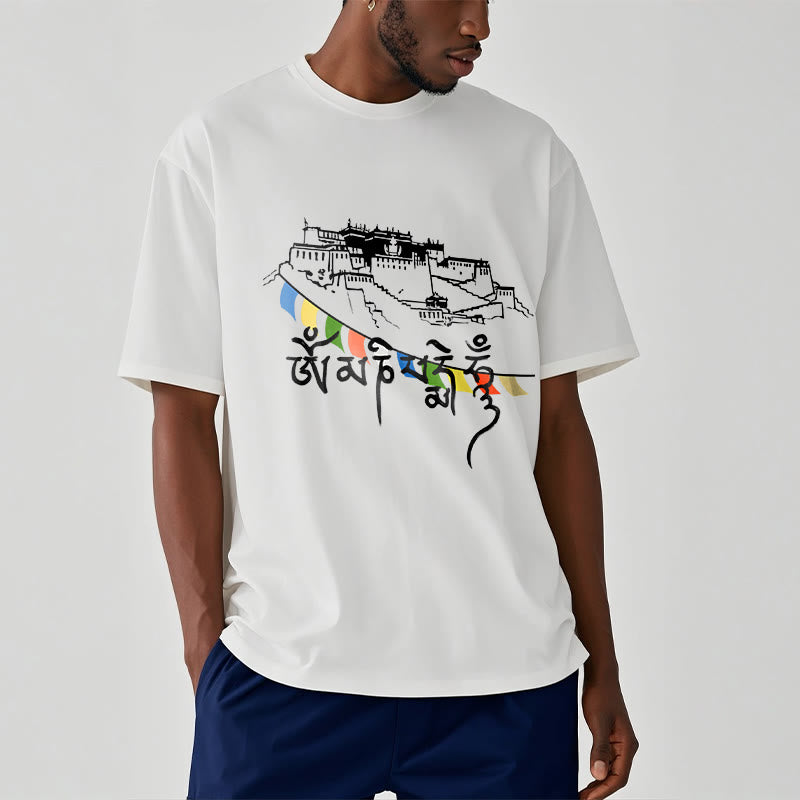 T-shirt en coton Foviel, motif Palais du Potala et mantras Om Mani Padme Hum