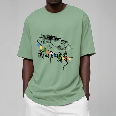 T-shirt en coton Foviel, motif Palais du Potala et mantras Om Mani Padme Hum