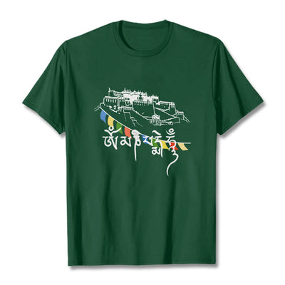 T-shirt en coton Foviel, motif Palais du Potala et mantras Om Mani Padme Hum
