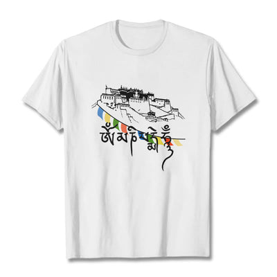 T-shirt en coton Foviel, motif Palais du Potala et mantras Om Mani Padme Hum