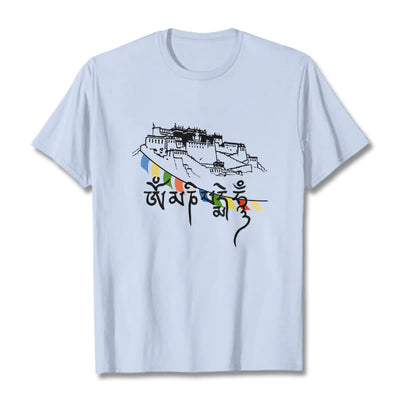 T-shirt en coton Foviel, motif Palais du Potala et mantras Om Mani Padme Hum