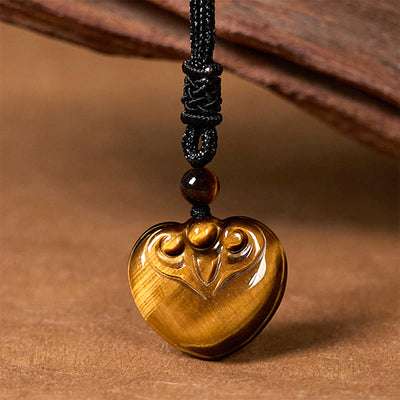 Foviel Natural Tiger Eye Love Heart Pattern Protection Rope Necklace Pendant