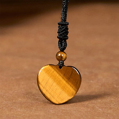 Foviel Natural Tiger Eye Love Heart Pattern Protection Rope Necklace Pendant