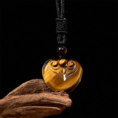Foviel Natural Tiger Eye Love Heart Pattern Protection Rope Necklace Pendant