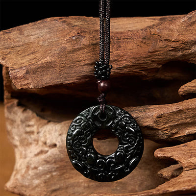 Foviel Tibetan Nanyang Black-Green Jade PiXiu Peace Buckle Protection Necklace Pendant