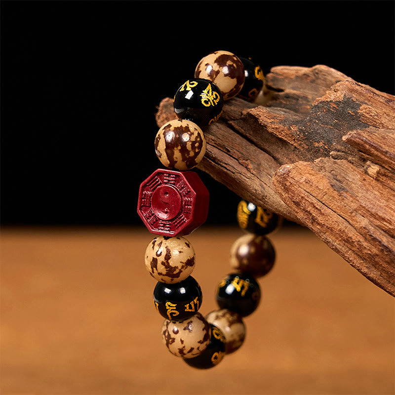 Foviel Bodhi Seed Om Mani Padme Hum Bagua Yin Yang Cinnabar Carved Calm Bracelet