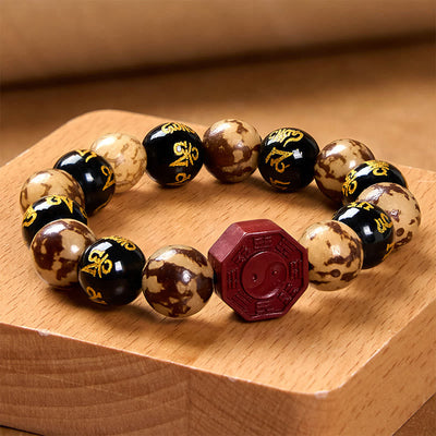 Foviel Bodhi Seed Om Mani Padme Hum Bagua Yin Yang Cinnabar Carved Calm Bracelet