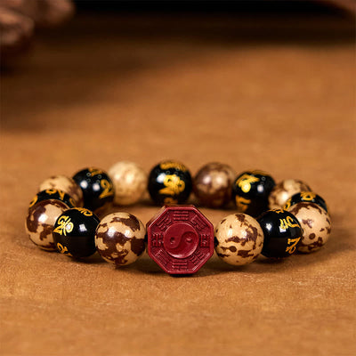 Foviel Bodhi Seed Om Mani Padme Hum Bagua Yin Yang Cinnabar Carved Calm Bracelet
