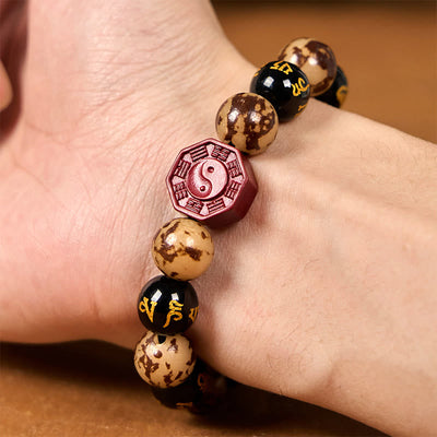 Foviel Bodhi Seed Om Mani Padme Hum Bagua Yin Yang Cinnabar Carved Calm Bracelet
