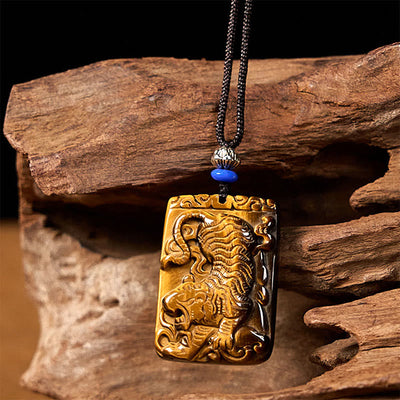 Collier avec pendentif carré en œil de tigre naturel Foviel, motif tigre, cordon de protection