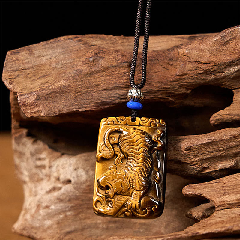 Foviel Natural Tiger Eye Square Tiger Pattern Protection Rope Necklace Pendant