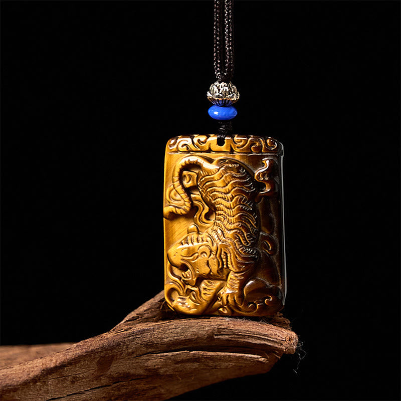 Foviel Natural Tiger Eye Square Tiger Pattern Protection Rope Necklace Pendant