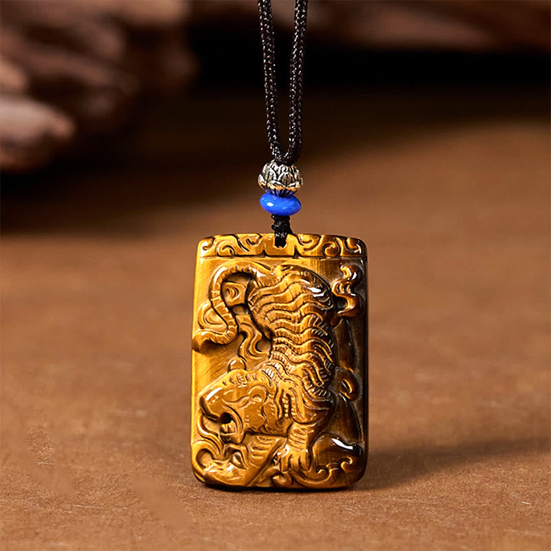 Foviel Natural Tiger Eye Square Tiger Pattern Protection Rope Necklace Pendant