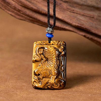 Collier avec pendentif carré en œil de tigre naturel Foviel, motif tigre, cordon de protection