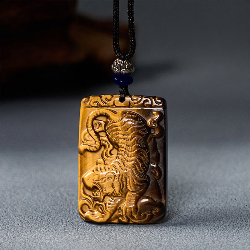 Collier avec pendentif carré en œil de tigre naturel Foviel, motif tigre, cordon de protection
