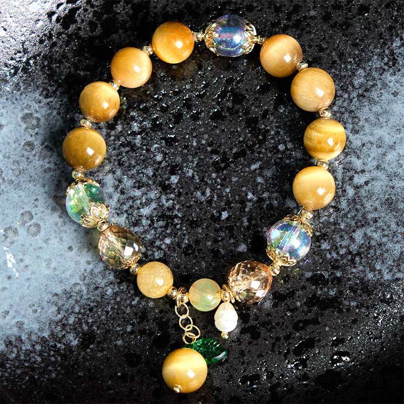 Foviel Natural Tiger Eye Beads Green Leaf Courage Bracelet
